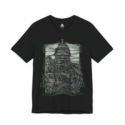 Image 4 of a T-Shirt design of the Brotherhood of Steel from Fallout 3, featuring heavily armored Paladins in iconic T-45d Power Armor marching through the ruined streets of the Capital Wasteland. Vertibirds soar overhead while the shattered skyline of Washington, D.C. looms beneath a smoke-filled sky. The design captures the Brotherhood’s unwavering mission to protect humanity and preserve advanced technology after nuclear devastation.