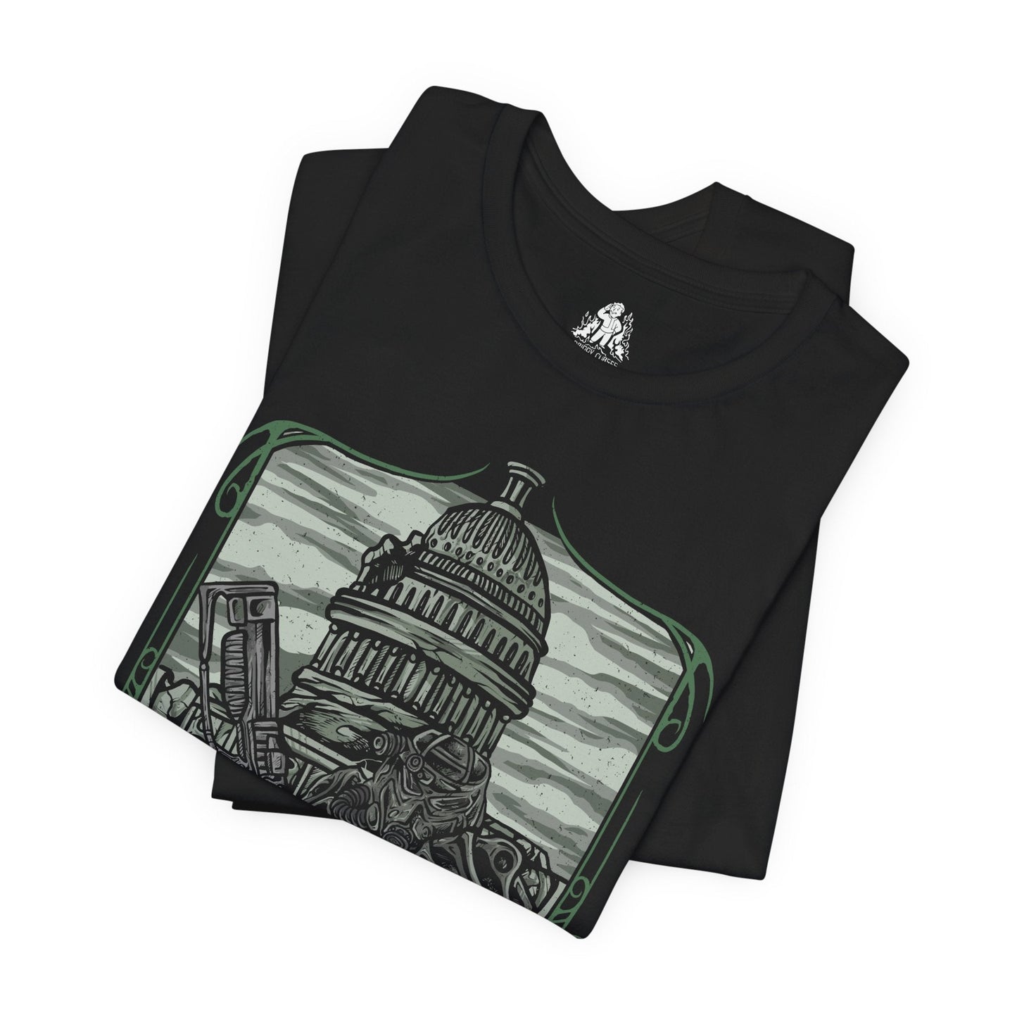 Image 5 of a T-Shirt design of the Brotherhood of Steel from Fallout 3, featuring heavily armored Paladins in iconic T-45d Power Armor marching through the ruined streets of the Capital Wasteland. Vertibirds soar overhead while the shattered skyline of Washington, D.C. looms beneath a smoke-filled sky. The design captures the Brotherhood’s unwavering mission to protect humanity and preserve advanced technology after nuclear devastation.