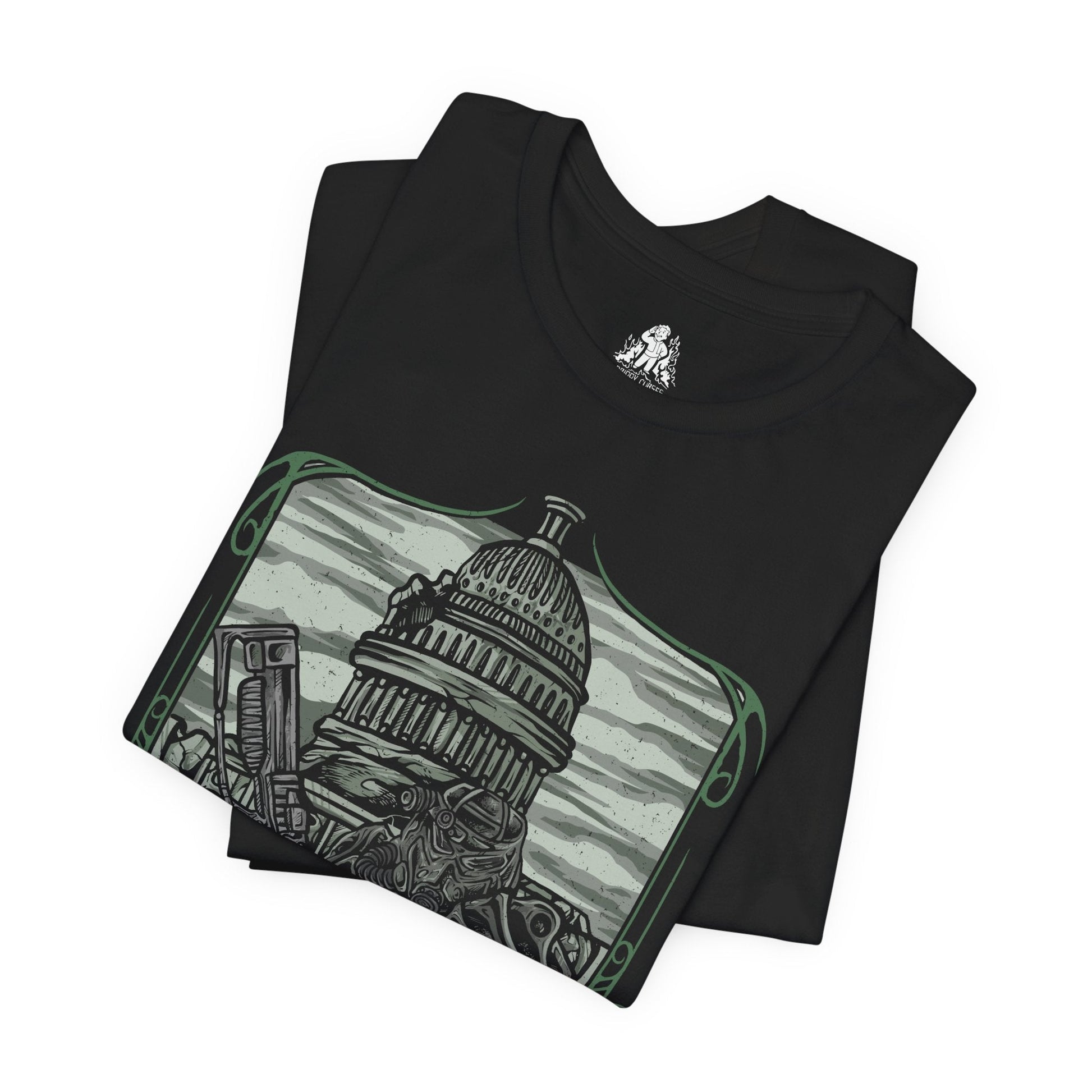 Image 5 of a T-Shirt design of the Brotherhood of Steel from Fallout 3, featuring heavily armored Paladins in iconic T-45d Power Armor marching through the ruined streets of the Capital Wasteland. Vertibirds soar overhead while the shattered skyline of Washington, D.C. looms beneath a smoke-filled sky. The design captures the Brotherhood’s unwavering mission to protect humanity and preserve advanced technology after nuclear devastation.