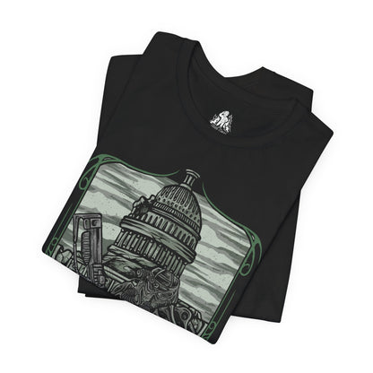 Image 5 of a T-Shirt design of the Brotherhood of Steel from Fallout 3, featuring heavily armored Paladins in iconic T-45d Power Armor marching through the ruined streets of the Capital Wasteland. Vertibirds soar overhead while the shattered skyline of Washington, D.C. looms beneath a smoke-filled sky. The design captures the Brotherhood’s unwavering mission to protect humanity and preserve advanced technology after nuclear devastation.