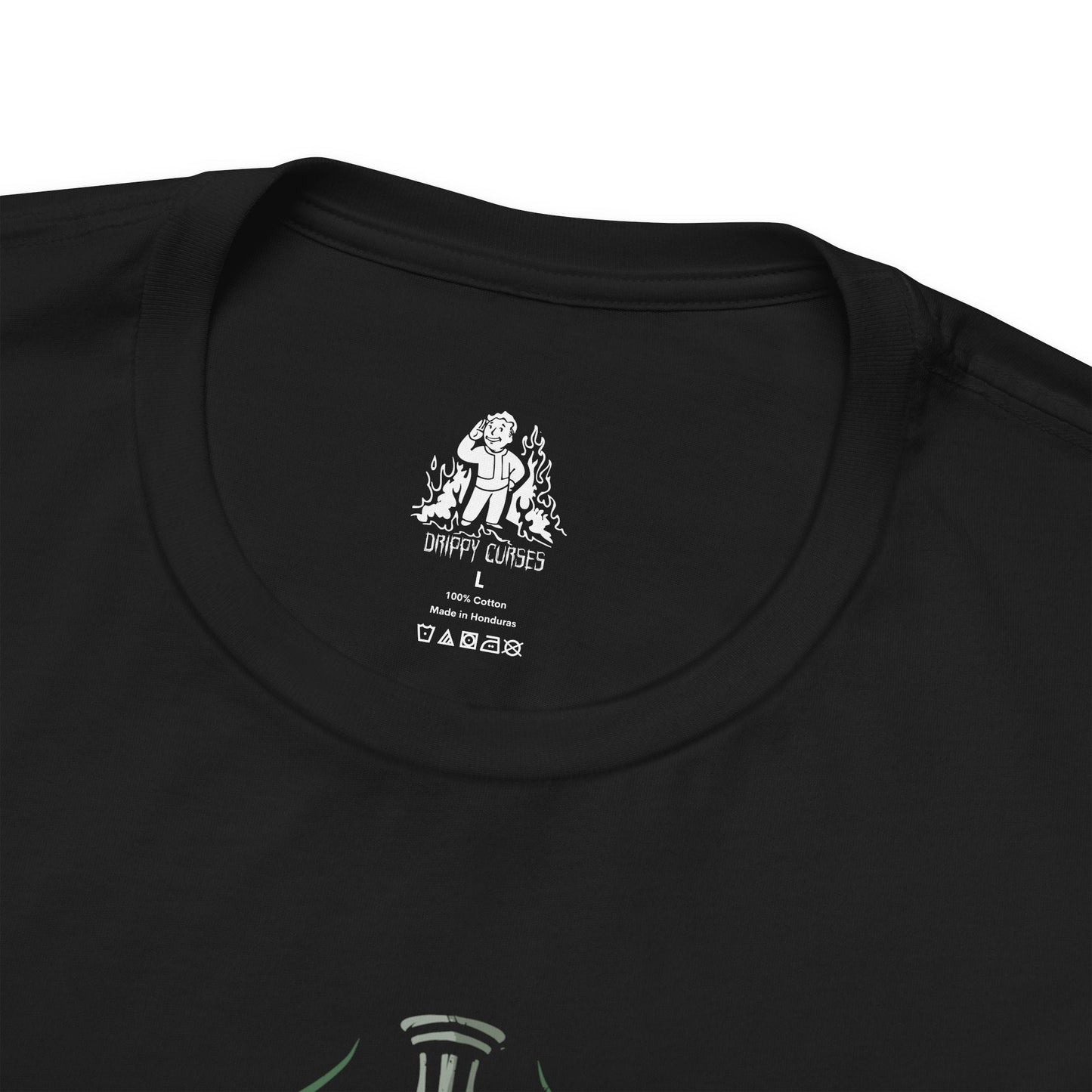 Folded T-Shirt design of the Brotherhood of Steel from Fallout 3, featuring heavily armored Paladins in iconic T-45d Power Armor marching through the ruined streets of the Capital Wasteland. Vertibirds soar overhead while the shattered skyline of Washington, D.C. looms beneath a smoke-filled sky. The design captures the Brotherhood’s unwavering mission to protect humanity and preserve advanced technology after nuclear devastation.