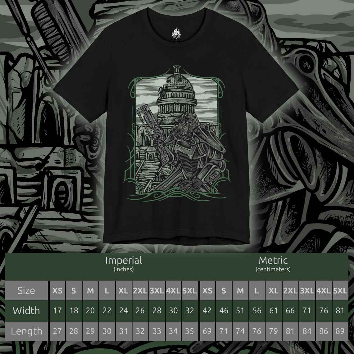 Size chart of a T-Shirt design of the Brotherhood of Steel from Fallout 3, featuring heavily armored Paladins in iconic T-45d Power Armor marching through the ruined streets of the Capital Wasteland. Vertibirds soar overhead while the shattered skyline of Washington, D.C. looms beneath a smoke-filled sky. The design captures the Brotherhood’s unwavering mission to protect humanity and preserve advanced technology after nuclear devastation.