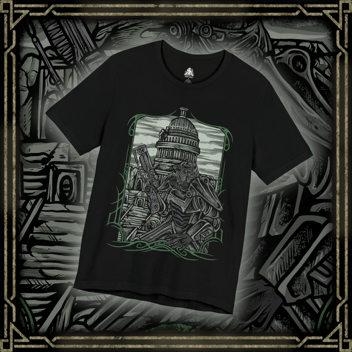 Thumbnail of a T-Shirt design of the Brotherhood of Steel from Fallout 3, featuring heavily armored Paladins in iconic T-45d Power Armor marching through the ruined streets of the Capital Wasteland. Vertibirds soar overhead while the shattered skyline of Washington, D.C. looms beneath a smoke-filled sky. The design captures the Brotherhood’s unwavering mission to protect humanity and preserve advanced technology after nuclear devastation.