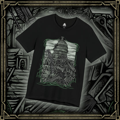 Thumbnail of a T-Shirt design of the Brotherhood of Steel from Fallout 3, featuring heavily armored Paladins in iconic T-45d Power Armor marching through the ruined streets of the Capital Wasteland. Vertibirds soar overhead while the shattered skyline of Washington, D.C. looms beneath a smoke-filled sky. The design captures the Brotherhood’s unwavering mission to protect humanity and preserve advanced technology after nuclear devastation.