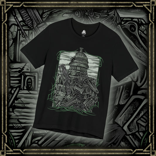 Thumbnail of a T-Shirt design of the Brotherhood of Steel from Fallout 3, featuring heavily armored Paladins in iconic T-45d Power Armor marching through the ruined streets of the Capital Wasteland. Vertibirds soar overhead while the shattered skyline of Washington, D.C. looms beneath a smoke-filled sky. The design captures the Brotherhood’s unwavering mission to protect humanity and preserve advanced technology after nuclear devastation.