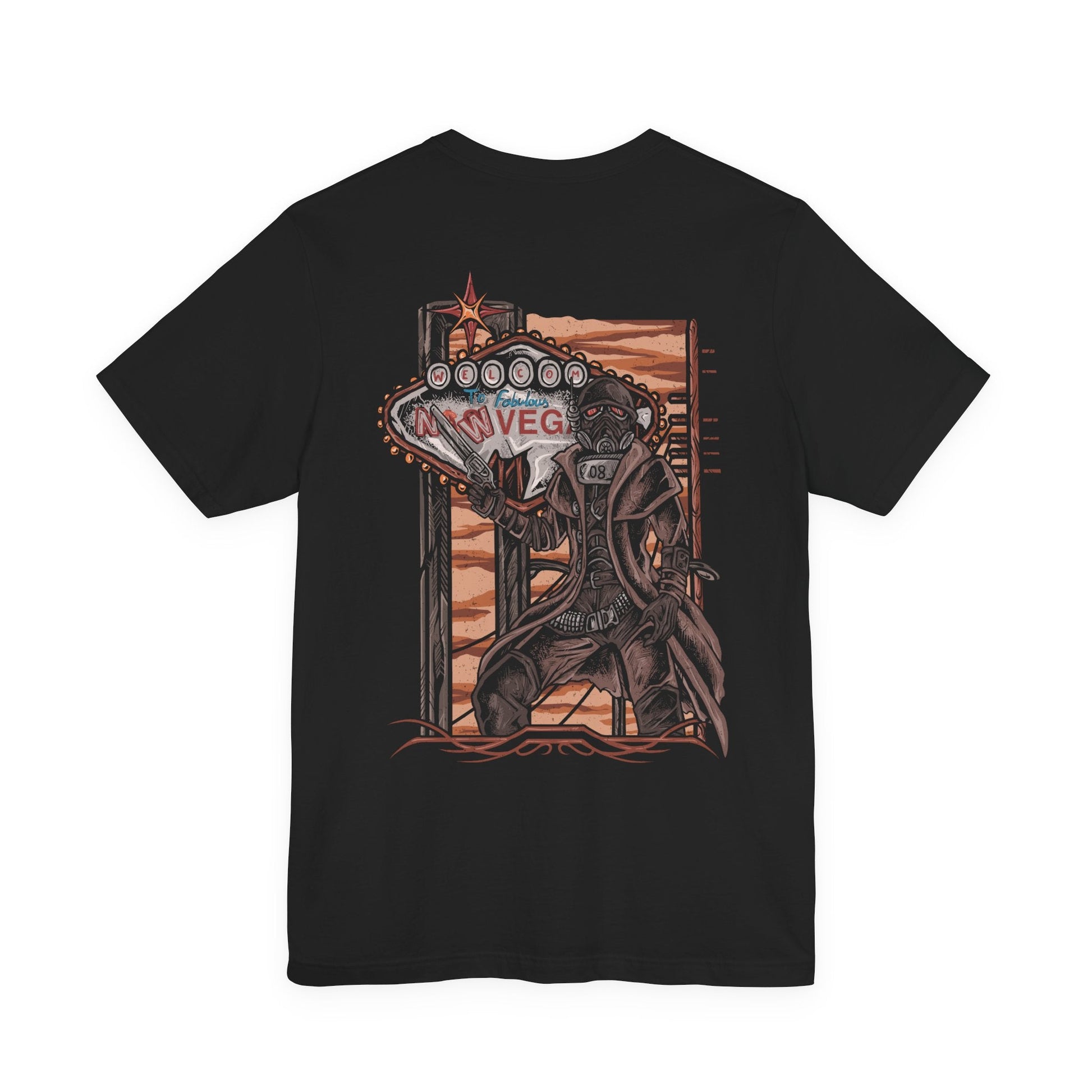 Image 5 of a T-Shirt artwork depicting an NCR Veteran Ranger overlooking the Mojave Wasteland from a rocky overlook, with the New Vegas Strip glowing in the distance. Dust storms sweep across abandoned highways while the ranger's signature helmet reflects the fading sunlight. This design reflects justice, survival, and the harsh realities of protecting civilization on the edge of a nuclear wasteland.