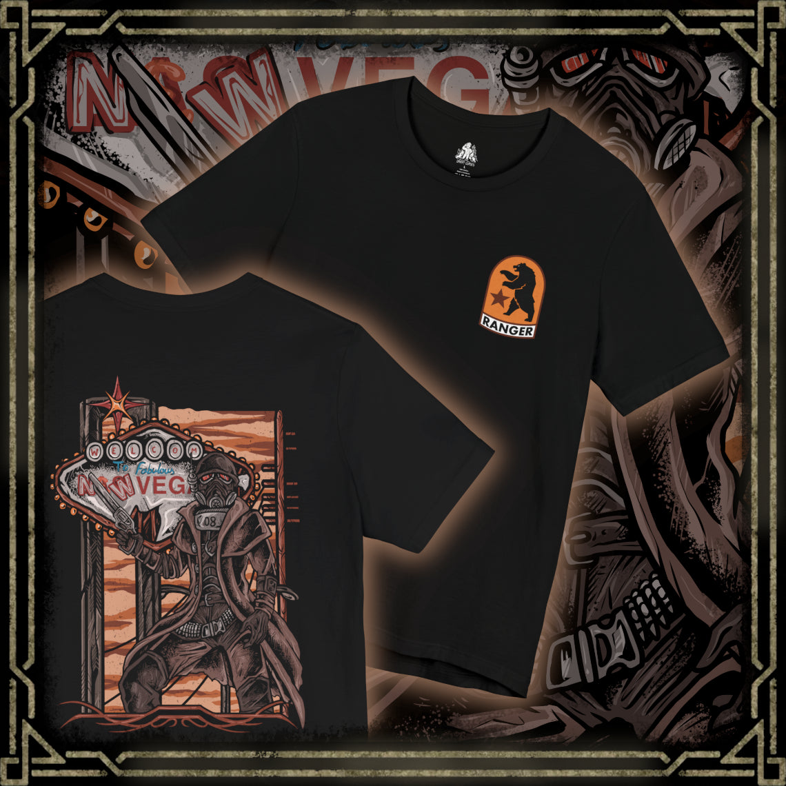 Thumbnail of a T-Shirt artwork depicting an NCR Veteran Ranger overlooking the Mojave Wasteland from a rocky overlook, with the New Vegas Strip glowing in the distance. Dust storms sweep across abandoned highways while the ranger's signature helmet reflects the fading sunlight. This design reflects justice, survival, and the harsh realities of protecting civilization on the edge of a nuclear wasteland.