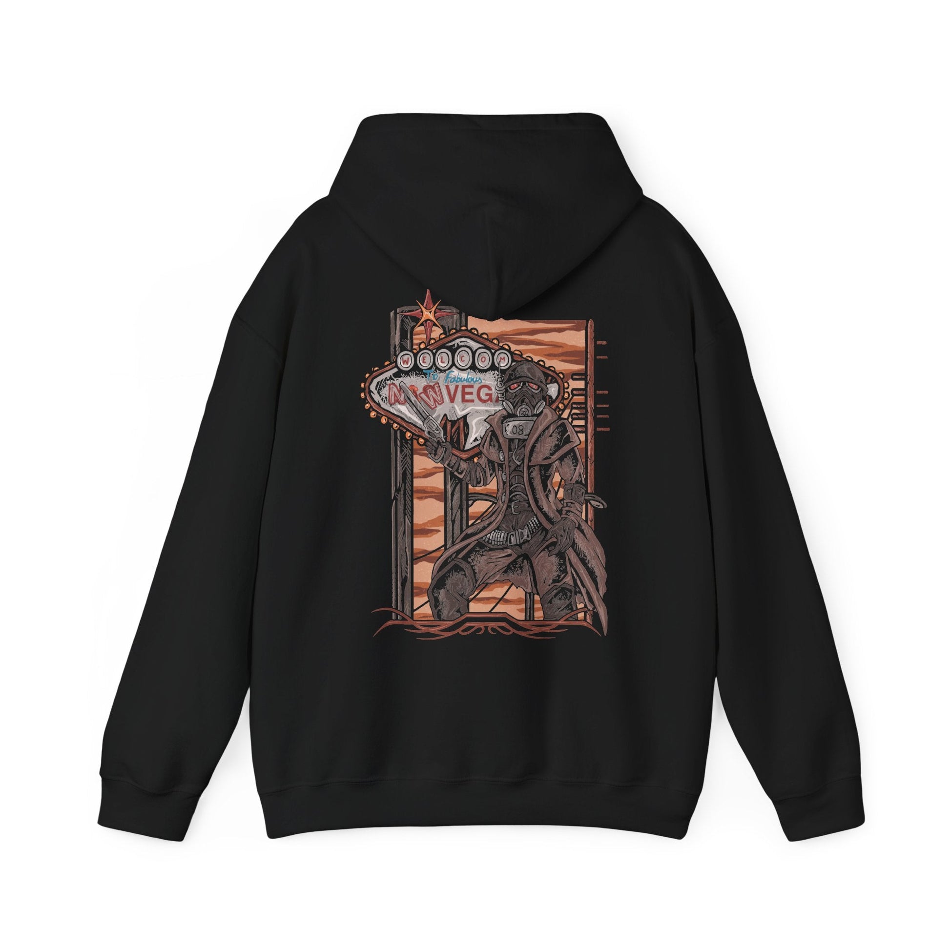 Image 5 of a Hooded Sweatshirt of an NCR Ranger walking through the ruins of the Mojave, clad in battle-worn combat armor with a revolver at the hip and a service rifle slung across the shoulder. Broken highways, rusted vehicles, and desert mountains stretch across the horizon. The composition emphasizes frontier justice, endurance, and the iconic image of one of Fallout: New Vegas' most beloved factions.