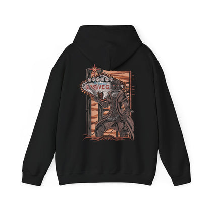 Image 5 of a Hooded Sweatshirt of an NCR Ranger walking through the ruins of the Mojave, clad in battle-worn combat armor with a revolver at the hip and a service rifle slung across the shoulder. Broken highways, rusted vehicles, and desert mountains stretch across the horizon. The composition emphasizes frontier justice, endurance, and the iconic image of one of Fallout: New Vegas' most beloved factions.