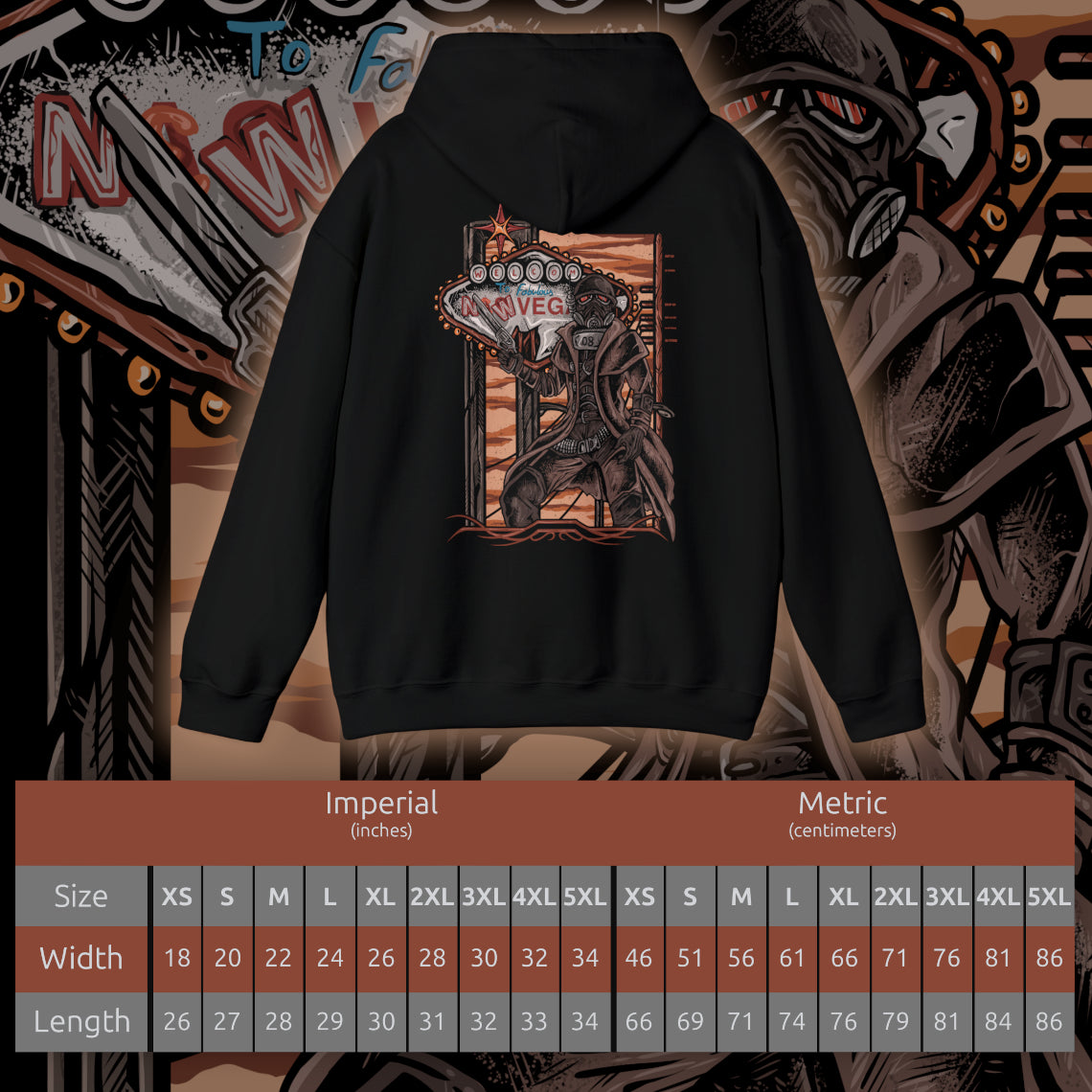 Size chart of a Hooded Sweatshirt of an NCR Ranger walking through the ruins of the Mojave, clad in battle-worn combat armor with a revolver at the hip and a service rifle slung across the shoulder. Broken highways, rusted vehicles, and desert mountains stretch across the horizon. The composition emphasizes frontier justice, endurance, and the iconic image of one of Fallout: New Vegas' most beloved factions.