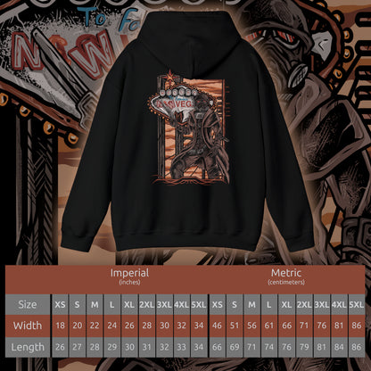 Size chart of a Hooded Sweatshirt of an NCR Ranger walking through the ruins of the Mojave, clad in battle-worn combat armor with a revolver at the hip and a service rifle slung across the shoulder. Broken highways, rusted vehicles, and desert mountains stretch across the horizon. The composition emphasizes frontier justice, endurance, and the iconic image of one of Fallout: New Vegas' most beloved factions.