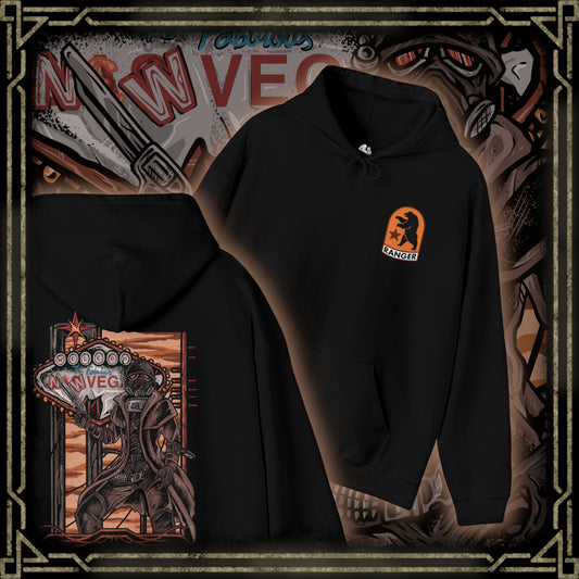 Thumbnail of a Hooded Sweatshirt of an NCR Ranger walking through the ruins of the Mojave, clad in battle-worn combat armor with a revolver at the hip and a service rifle slung across the shoulder. Broken highways, rusted vehicles, and desert mountains stretch across the horizon. The composition emphasizes frontier justice, endurance, and the iconic image of one of Fallout: New Vegas' most beloved factions.