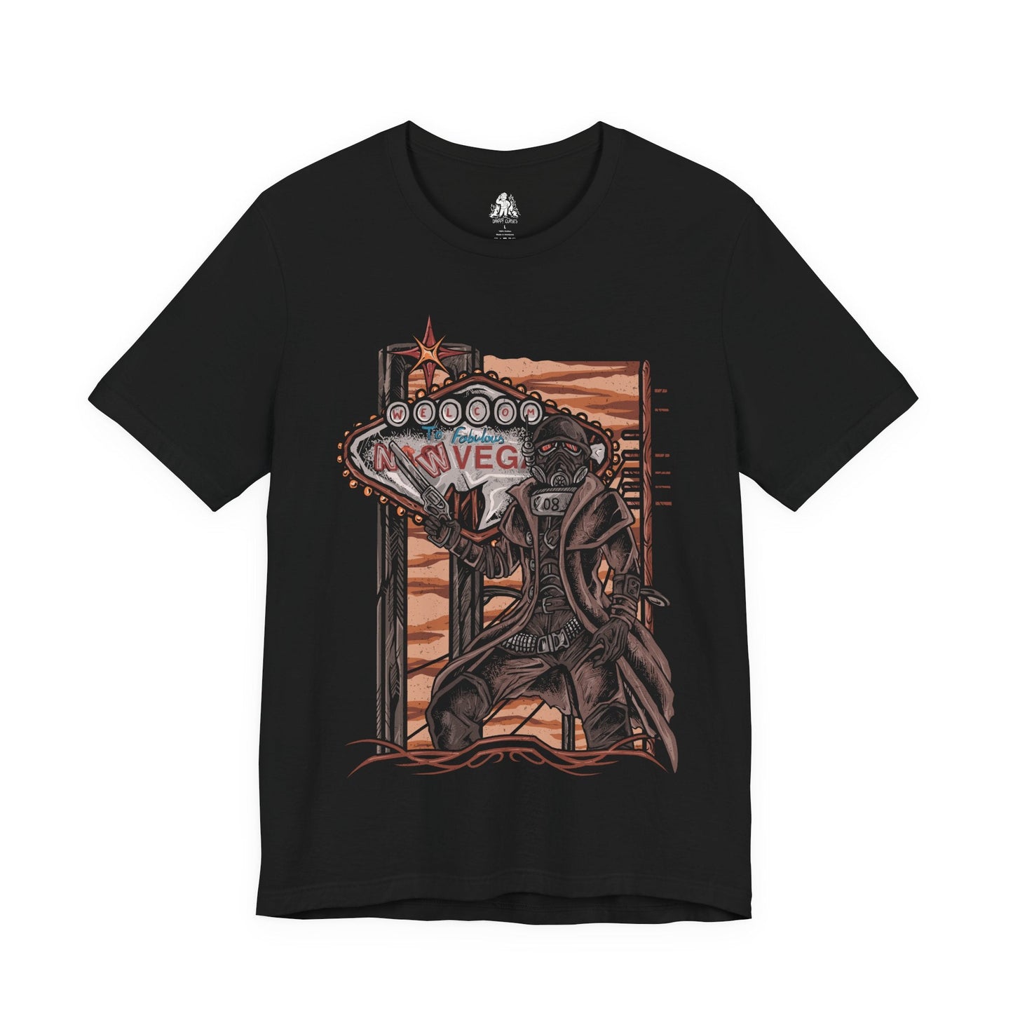 Image 4 of a T-Shirt design of an NCR Ranger from Fallout: New Vegas, standing beneath the blazing Mojave sun in iconic black Ranger combat armor and gas mask. A weathered duster flows through the desert wind as the ranger carries a powerful anti-materiel rifle across the wasteland. The design captures the resilience, discipline, and legendary reputation of the New California Republic's elite lawmen.