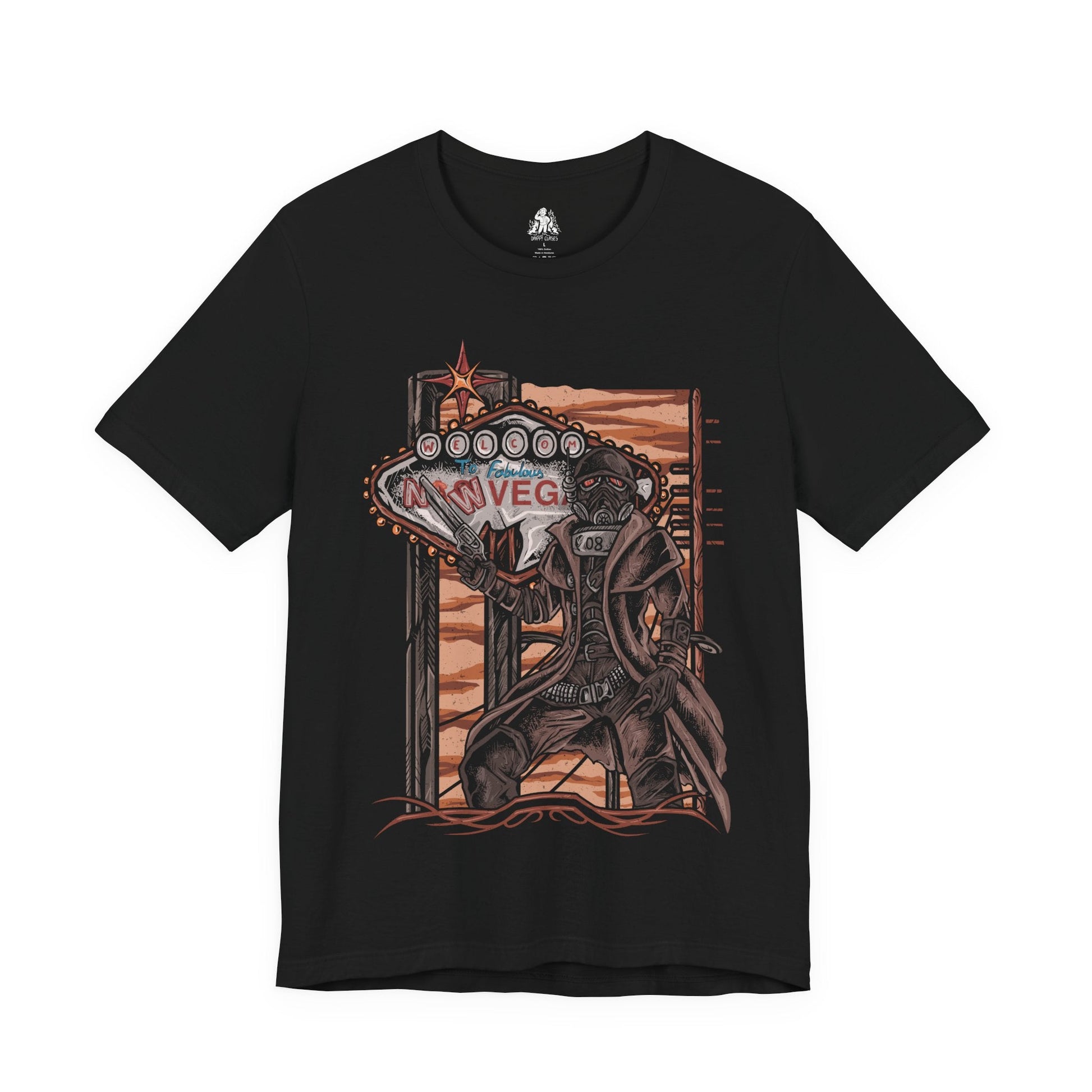 Image 4 of a T-Shirt design of an NCR Ranger from Fallout: New Vegas, standing beneath the blazing Mojave sun in iconic black Ranger combat armor and gas mask. A weathered duster flows through the desert wind as the ranger carries a powerful anti-materiel rifle across the wasteland. The design captures the resilience, discipline, and legendary reputation of the New California Republic's elite lawmen.