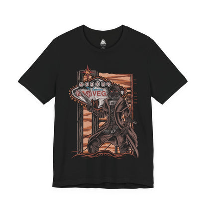 Image 4 of a T-Shirt design of an NCR Ranger from Fallout: New Vegas, standing beneath the blazing Mojave sun in iconic black Ranger combat armor and gas mask. A weathered duster flows through the desert wind as the ranger carries a powerful anti-materiel rifle across the wasteland. The design captures the resilience, discipline, and legendary reputation of the New California Republic's elite lawmen.