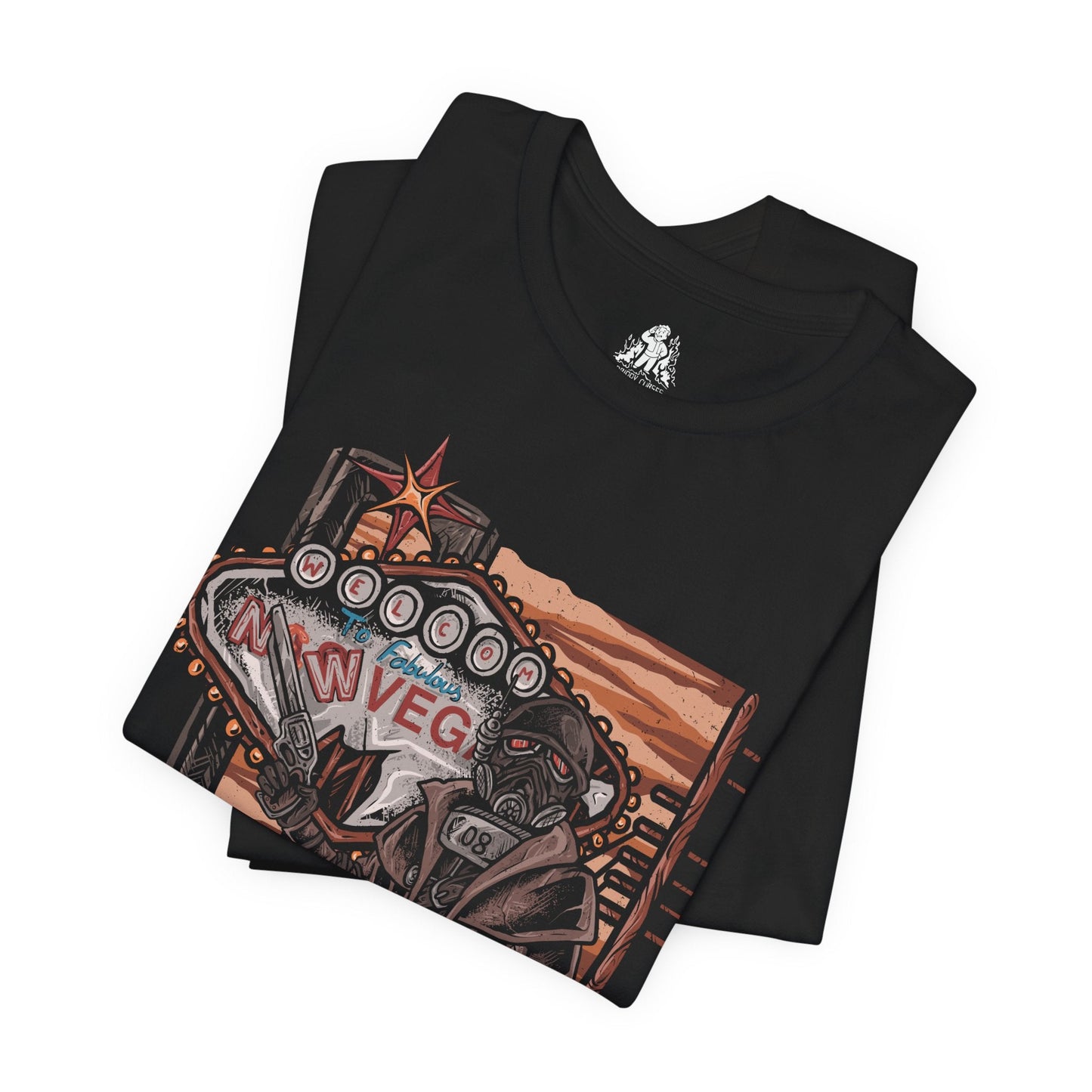 Image 5 of a T-Shirt design of an NCR Ranger from Fallout: New Vegas, standing beneath the blazing Mojave sun in iconic black Ranger combat armor and gas mask. A weathered duster flows through the desert wind as the ranger carries a powerful anti-materiel rifle across the wasteland. The design captures the resilience, discipline, and legendary reputation of the New California Republic's elite lawmen.