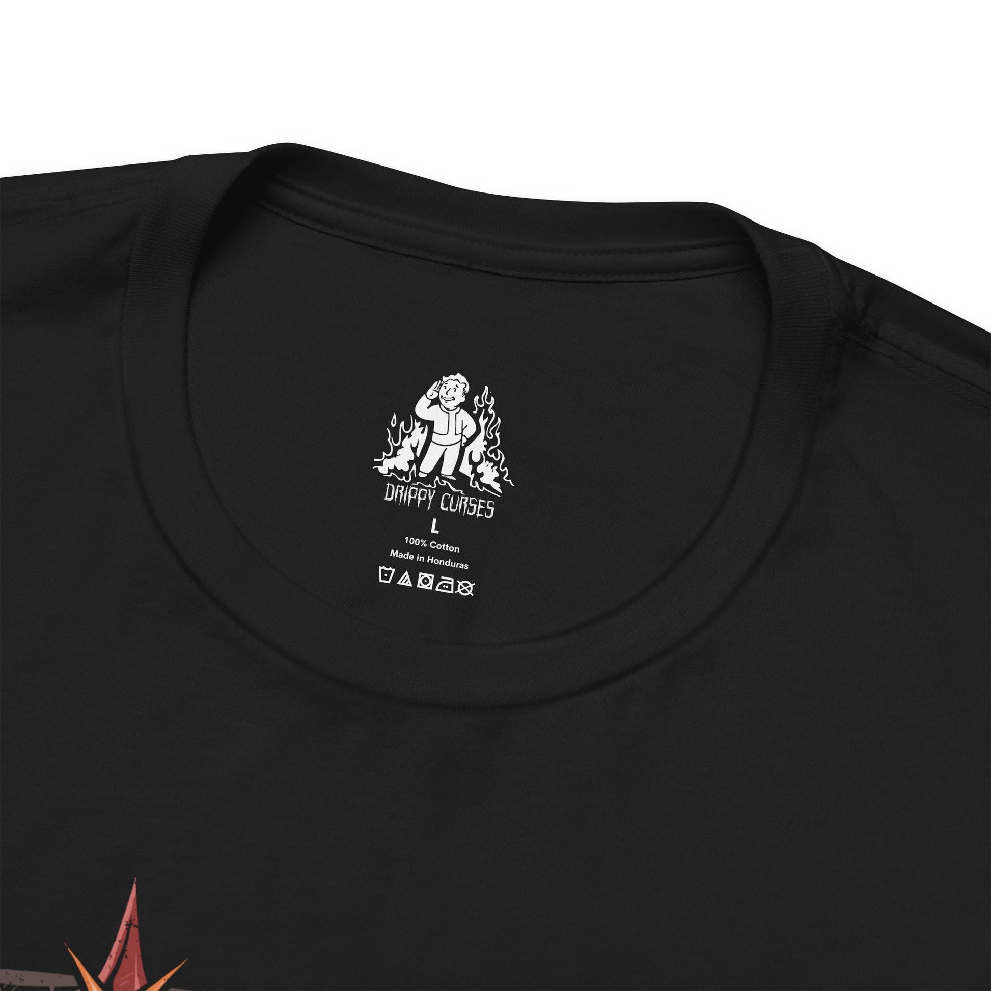 Folded T-Shirt design of an NCR Ranger from Fallout: New Vegas, standing beneath the blazing Mojave sun in iconic black Ranger combat armor and gas mask. A weathered duster flows through the desert wind as the ranger carries a powerful anti-materiel rifle across the wasteland. The design captures the resilience, discipline, and legendary reputation of the New California Republic's elite lawmen.