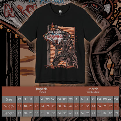 Size chart of a T-Shirt design of an NCR Ranger from Fallout: New Vegas, standing beneath the blazing Mojave sun in iconic black Ranger combat armor and gas mask. A weathered duster flows through the desert wind as the ranger carries a powerful anti-materiel rifle across the wasteland. The design captures the resilience, discipline, and legendary reputation of the New California Republic's elite lawmen.