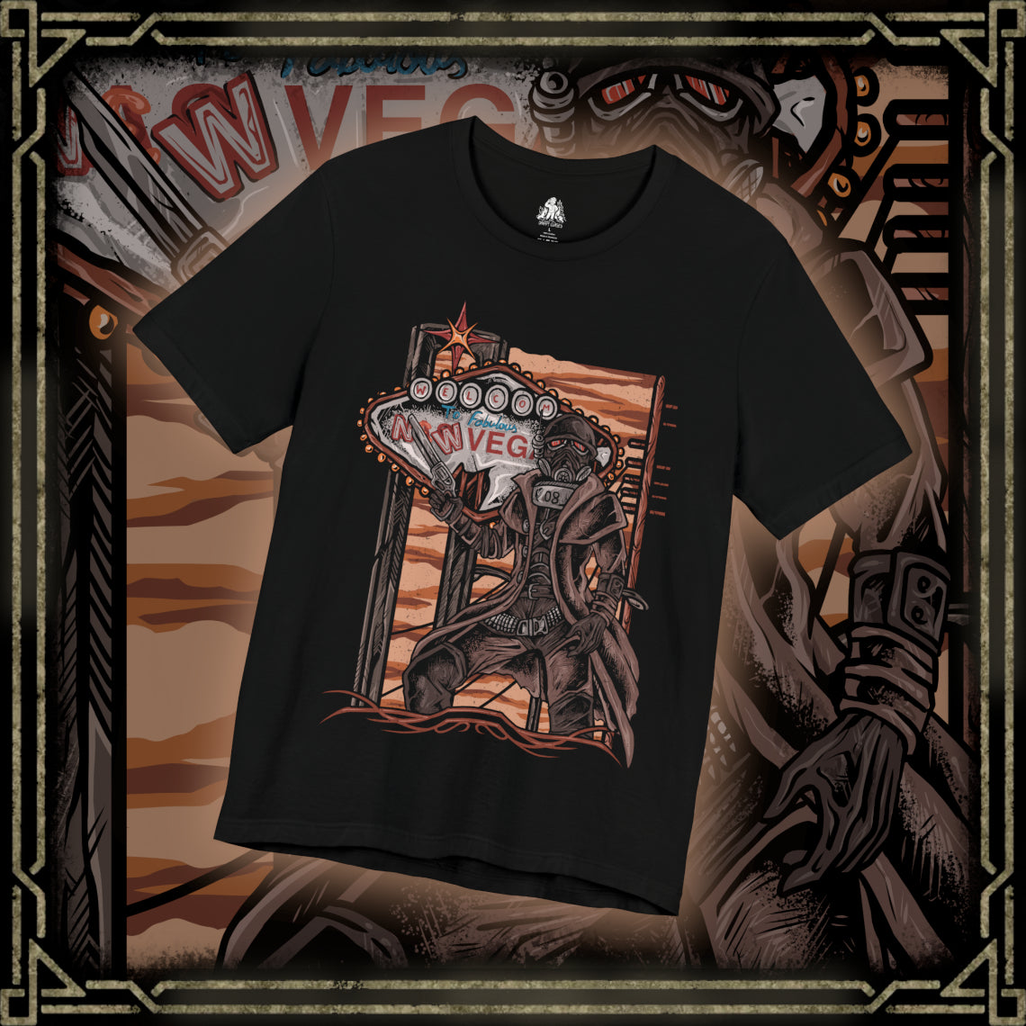 Thumbnail of a T-Shirt design of an NCR Ranger from Fallout: New Vegas, standing beneath the blazing Mojave sun in iconic black Ranger combat armor and gas mask. A weathered duster flows through the desert wind as the ranger carries a powerful anti-materiel rifle across the wasteland. The design captures the resilience, discipline, and legendary reputation of the New California Republic's elite lawmen.