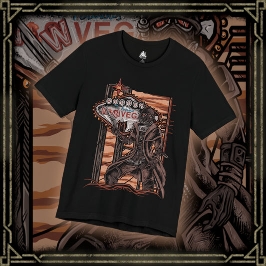 Thumbnail of a T-Shirt design of an NCR Ranger from Fallout: New Vegas, standing beneath the blazing Mojave sun in iconic black Ranger combat armor and gas mask. A weathered duster flows through the desert wind as the ranger carries a powerful anti-materiel rifle across the wasteland. The design captures the resilience, discipline, and legendary reputation of the New California Republic's elite lawmen.