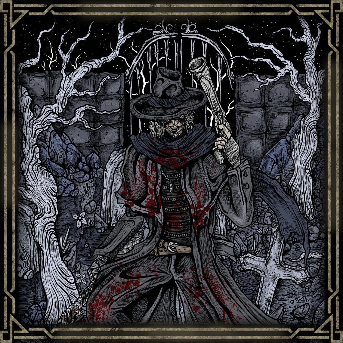 Artwork of Father Gascoine Grim. In Bloodborne, Father Gascoigne was a foreign hunter who came to Yharnam and lost himself to the very plague he fought. Wielding a trick weapon and hunter’s pistol, he becomes a savage beast mid-battle. His tragic fall, symbolized by his daughter’s music box, reflects the game’s haunting themes of loss, madness, and transformation.