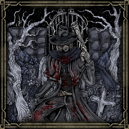 Artwork of Father Gascoine Grim. In Bloodborne, Father Gascoigne was a foreign hunter who came to Yharnam and lost himself to the very plague he fought. Wielding a trick weapon and hunter’s pistol, he becomes a savage beast mid-battle. His tragic fall, symbolized by his daughter’s music box, reflects the game’s haunting themes of loss, madness, and transformation.