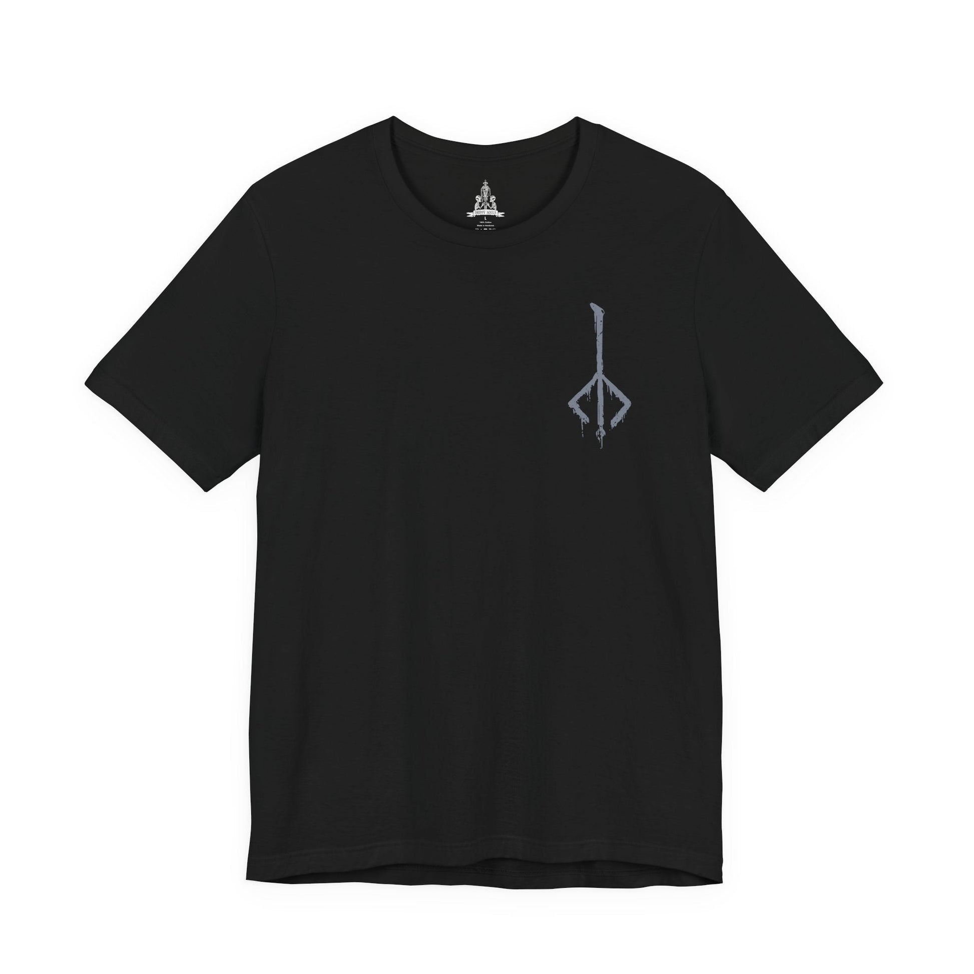 Image 4 of a T-shirt featuring Father Gascoigne from Bloodborne, the fallen hunter-priest defined by his relentless fighting style and tragic slide into beastly madness. Draped in worn cleric robes and armed with his signature hunter’s axe and blunderbuss, he embodies the fragile boundary between humanity and monstrosity.