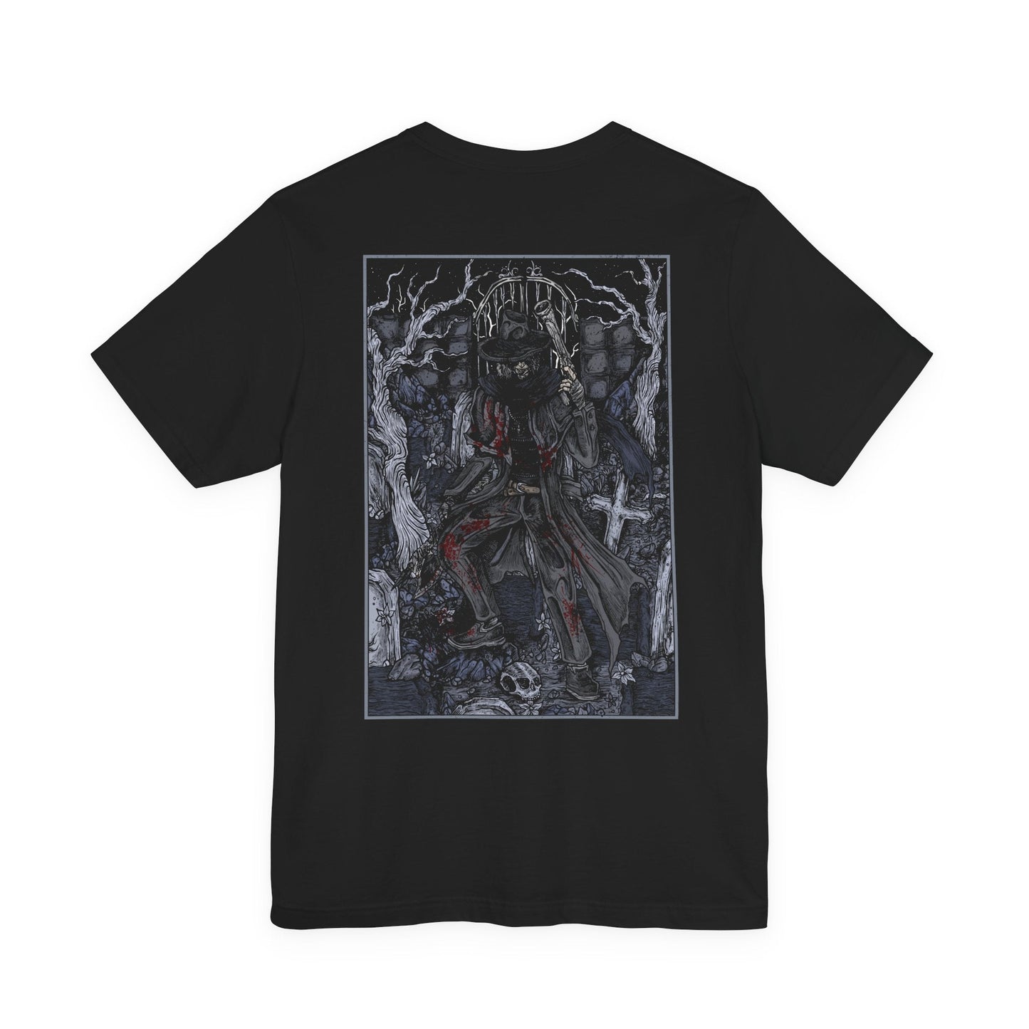 Image 5 of a T-shirt featuring Father Gascoigne from Bloodborne, the fallen hunter-priest defined by his relentless fighting style and tragic slide into beastly madness. Draped in worn cleric robes and armed with his signature hunter’s axe and blunderbuss, he embodies the fragile boundary between humanity and monstrosity.