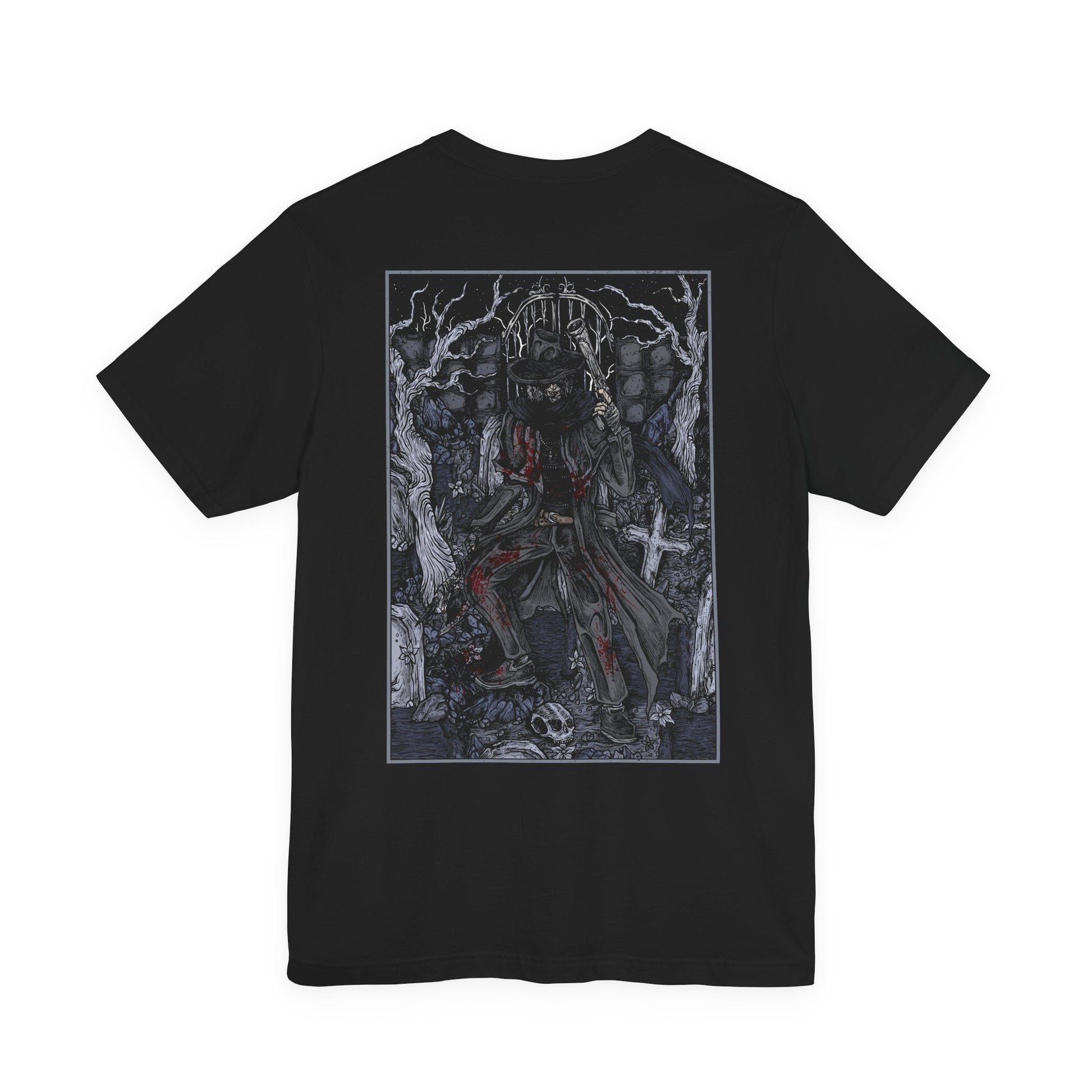 Image 5 of a T-shirt featuring Father Gascoigne from Bloodborne, the fallen hunter-priest defined by his relentless fighting style and tragic slide into beastly madness. Draped in worn cleric robes and armed with his signature hunter’s axe and blunderbuss, he embodies the fragile boundary between humanity and monstrosity.