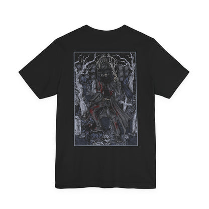 Image 5 of a T-shirt featuring Father Gascoigne from Bloodborne, the fallen hunter-priest defined by his relentless fighting style and tragic slide into beastly madness. Draped in worn cleric robes and armed with his signature hunter’s axe and blunderbuss, he embodies the fragile boundary between humanity and monstrosity.