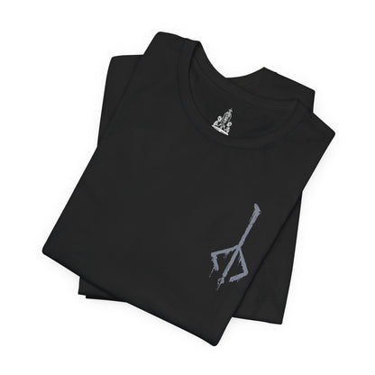 Image 6 of a T-shirt featuring Father Gascoigne from Bloodborne, the fallen hunter-priest defined by his relentless fighting style and tragic slide into beastly madness. Draped in worn cleric robes and armed with his signature hunter’s axe and blunderbuss, he embodies the fragile boundary between humanity and monstrosity.