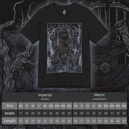 Size chart of a T-shirt featuring Father Gascoigne from Bloodborne, the fallen hunter-priest defined by his relentless fighting style and tragic slide into beastly madness. Draped in worn cleric robes and armed with his signature hunter’s axe and blunderbuss, he embodies the fragile boundary between humanity and monstrosity.
