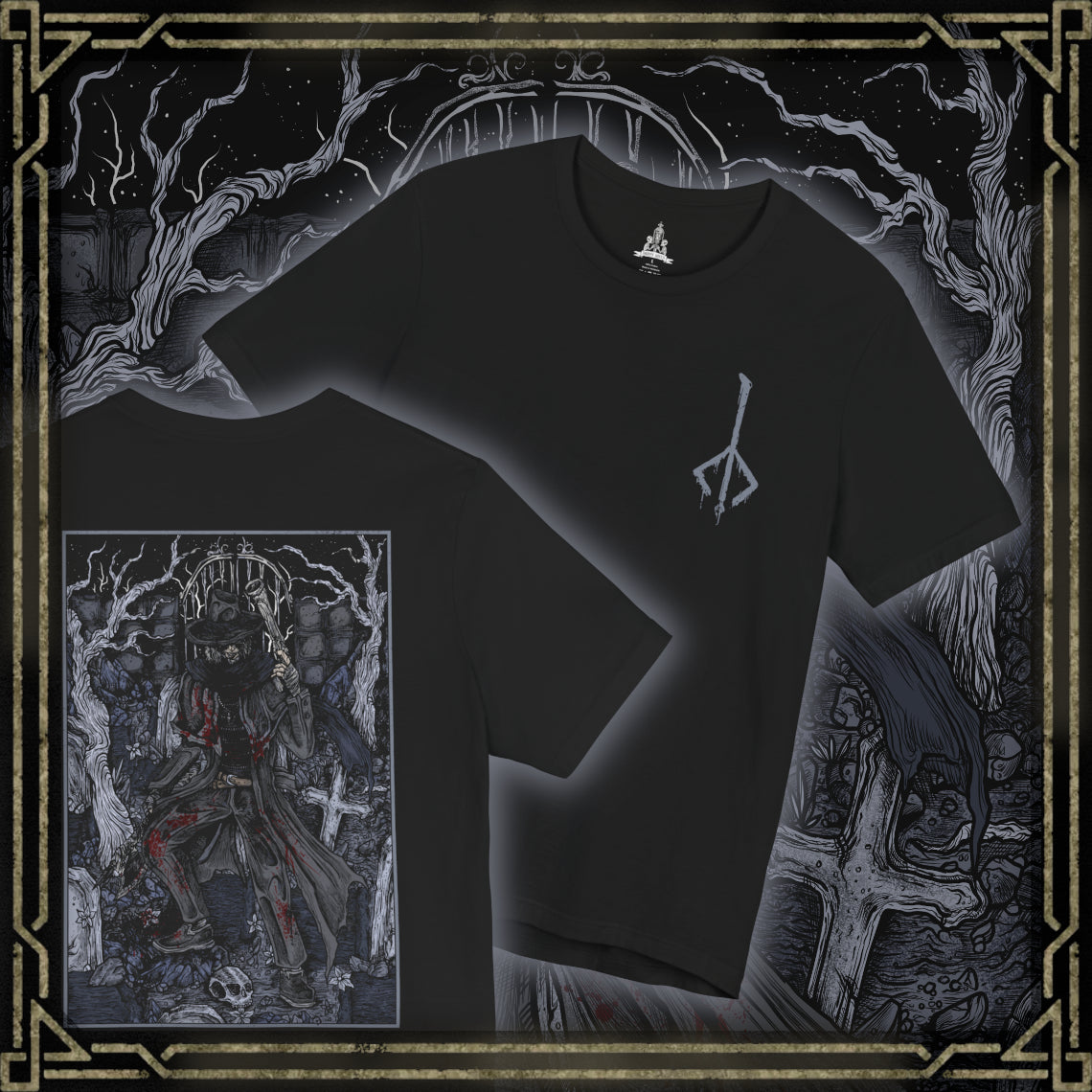 Thumbnail of a T-shirt featuring Father Gascoigne from Bloodborne, the fallen hunter-priest defined by his relentless fighting style and tragic slide into beastly madness. Draped in worn cleric robes and armed with his signature hunter’s axe and blunderbuss, he embodies the fragile boundary between humanity and monstrosity.