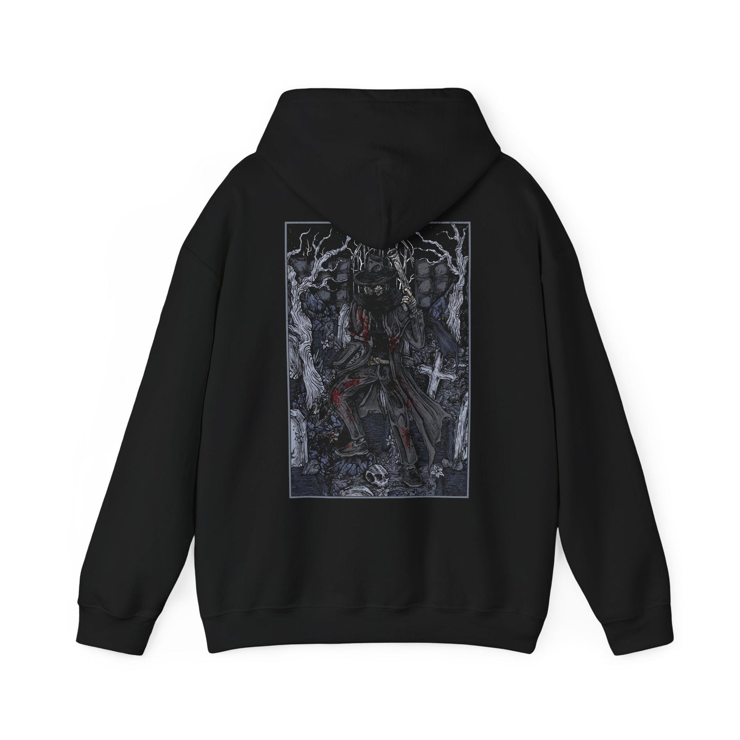 Image 5 of a Hooded Sweatshirt showcasing Father Gascoigne from Bloodborne, armed with his iconic blunderbuss and axe. Once a devout man and skilled hunter, Gascoigne fell victim to the bloodlust he swore to fight, eventually turning into the very beast he hunted. The design highlights his human form, just before succumbing to madness, making it a powerful tribute to one of the game’s most emotional and intense early boss battles.
