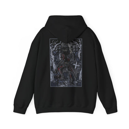 Image 5 of a Hooded Sweatshirt showcasing Father Gascoigne from Bloodborne, armed with his iconic blunderbuss and axe. Once a devout man and skilled hunter, Gascoigne fell victim to the bloodlust he swore to fight, eventually turning into the very beast he hunted. The design highlights his human form, just before succumbing to madness, making it a powerful tribute to one of the game’s most emotional and intense early boss battles.