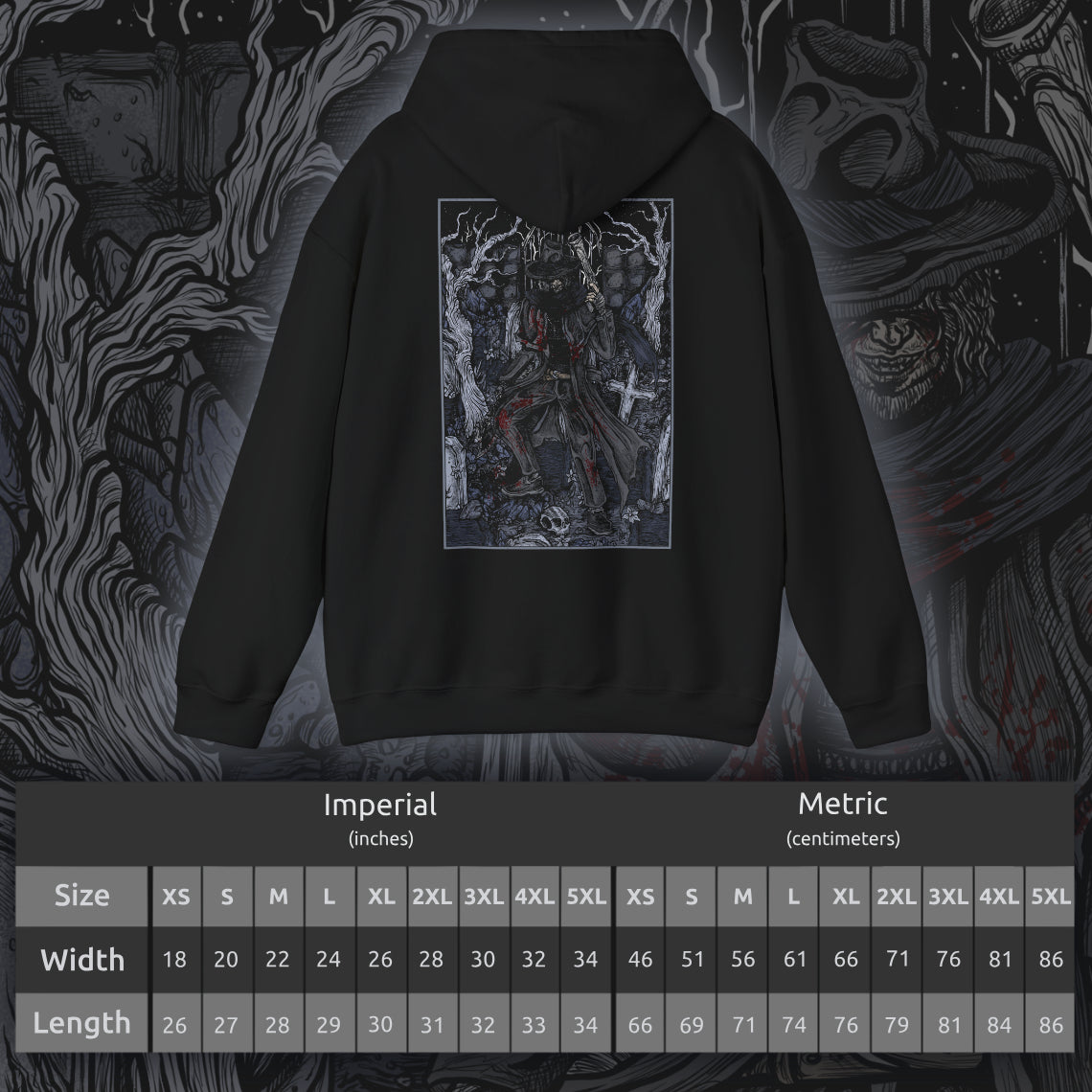Size chart of a Hooded Sweatshirt showcasing Father Gascoigne from Bloodborne, armed with his iconic blunderbuss and axe. Once a devout man and skilled hunter, Gascoigne fell victim to the bloodlust he swore to fight, eventually turning into the very beast he hunted. The design highlights his human form, just before succumbing to madness, making it a powerful tribute to one of the game’s most emotional and intense early boss battles.