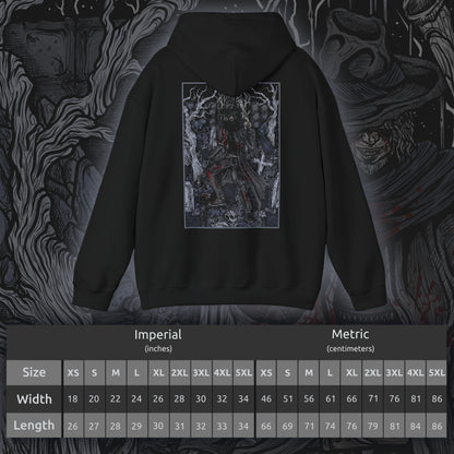 Size chart of a Hooded Sweatshirt showcasing Father Gascoigne from Bloodborne, armed with his iconic blunderbuss and axe. Once a devout man and skilled hunter, Gascoigne fell victim to the bloodlust he swore to fight, eventually turning into the very beast he hunted. The design highlights his human form, just before succumbing to madness, making it a powerful tribute to one of the game’s most emotional and intense early boss battles.