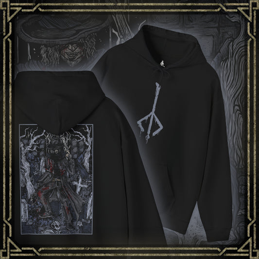 Thumbnail of a Hooded Sweatshirt showcasing Father Gascoigne from Bloodborne, armed with his iconic blunderbuss and axe. Once a devout man and skilled hunter, Gascoigne fell victim to the bloodlust he swore to fight, eventually turning into the very beast he hunted. The design highlights his human form, just before succumbing to madness, making it a powerful tribute to one of the game’s most emotional and intense early boss battles.