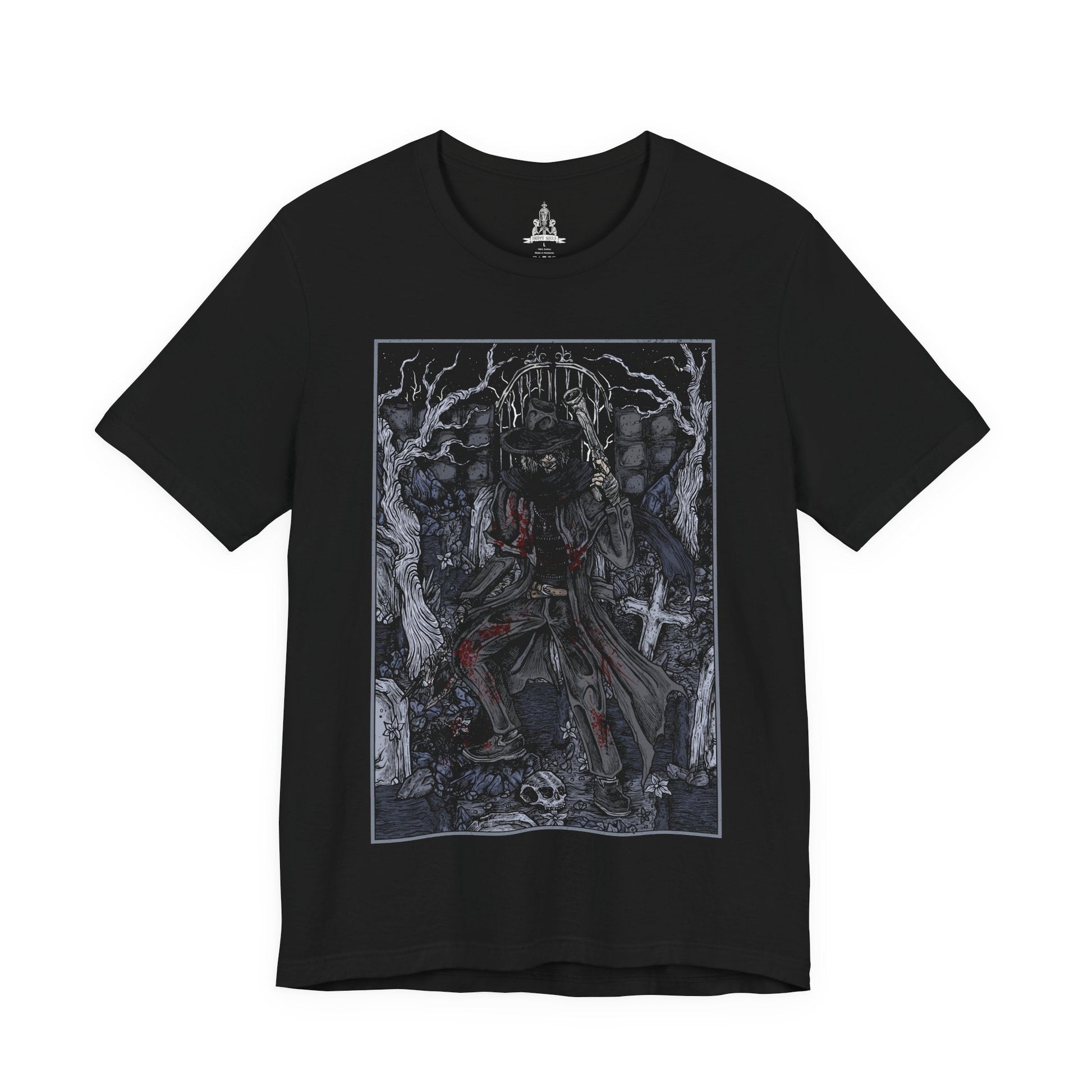 Image 4 of a T-shirt featuring Father Gascoigne from Bloodborne, the tragic hunter-priest known for his brutal combat style and swift descent into beastdom. Clad in tattered clergy robes and wielding his hunter’s axe alongside a blunderbuss, Gascoigne represents the blurred line between man and monster. This design captures the eerie moment before his transformation, showcasing the resolve and sorrow of a hunter doomed by the very hunt he embraced.