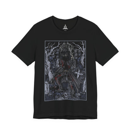 Image 4 of a T-shirt featuring Father Gascoigne from Bloodborne, the tragic hunter-priest known for his brutal combat style and swift descent into beastdom. Clad in tattered clergy robes and wielding his hunter’s axe alongside a blunderbuss, Gascoigne represents the blurred line between man and monster. This design captures the eerie moment before his transformation, showcasing the resolve and sorrow of a hunter doomed by the very hunt he embraced.