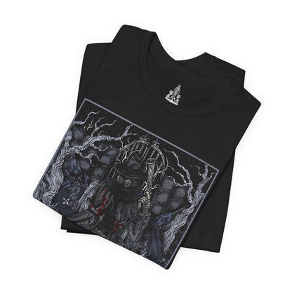 Image 5 of a T-shirt featuring Father Gascoigne from Bloodborne, the tragic hunter-priest known for his brutal combat style and swift descent into beastdom. Clad in tattered clergy robes and wielding his hunter’s axe alongside a blunderbuss, Gascoigne represents the blurred line between man and monster. This design captures the eerie moment before his transformation, showcasing the resolve and sorrow of a hunter doomed by the very hunt he embraced.