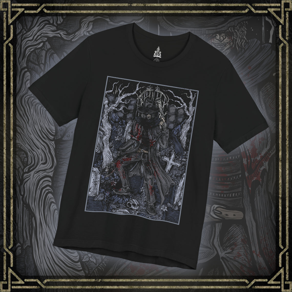 Thumbnail of a T-shirt featuring Father Gascoigne from Bloodborne, the tragic hunter-priest known for his brutal combat style and swift descent into beastdom. Clad in tattered clergy robes and wielding his hunter’s axe alongside a blunderbuss, Gascoigne represents the blurred line between man and monster. This design captures the eerie moment before his transformation, showcasing the resolve and sorrow of a hunter doomed by the very hunt he embraced.
