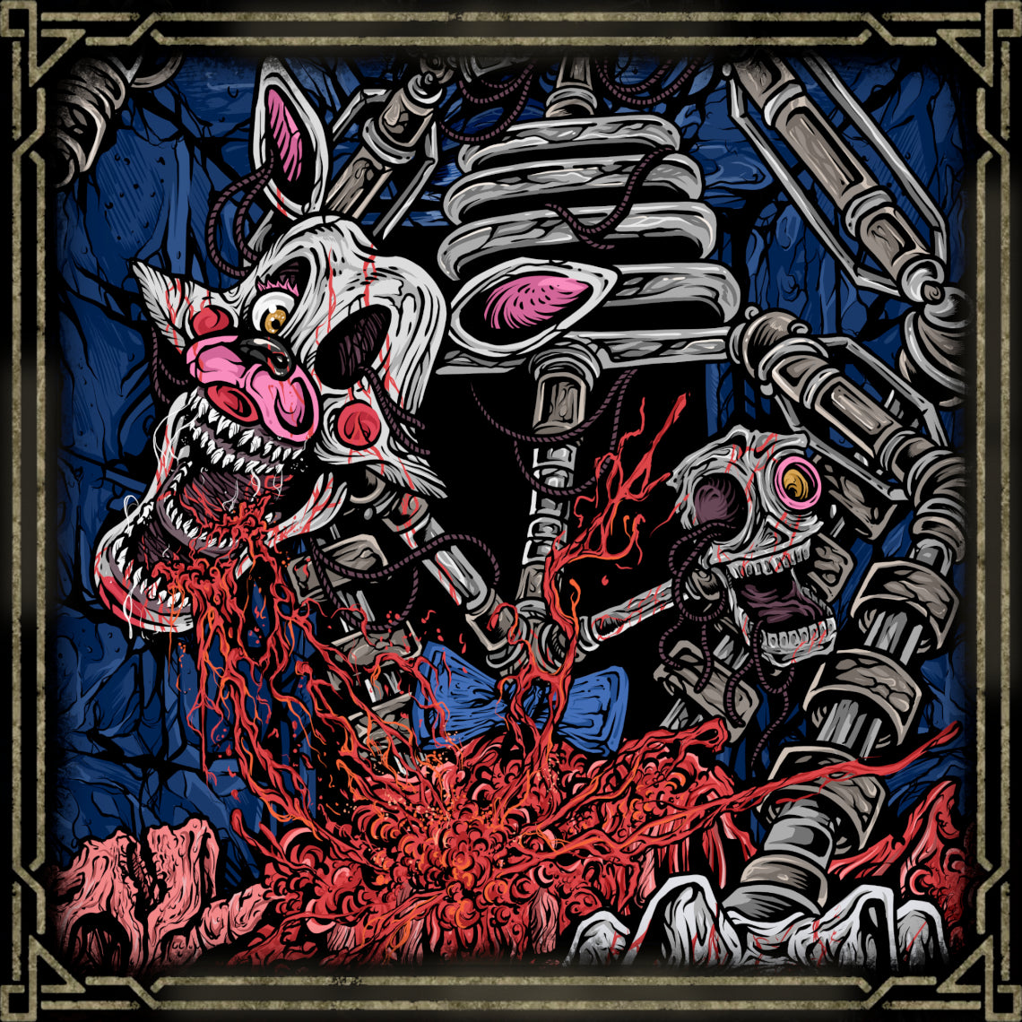 Artwork of Five Nights at Freddy's Mangle. Mangle is one of the most disturbing animatronics in Five Nights at Freddy's 2, appearing as a heavily dismantled version of Toy Foxy. Rebuilt repeatedly by children at Freddy Fazbear’s Pizza, Mangle became a tangled mass of exposed wires, endoskeleton parts, and glowing eyes, turning a once-friendly mascot into a terrifying symbol of broken innocence.