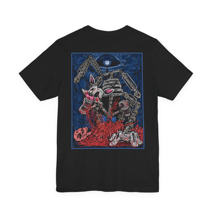 Image 5 of a T-Shirt artwork depicting Mangle crawling through a dimly lit pizzeria hallway, its torn pink-and-white animatronic shell exposing tangled endoskeleton parts and sparking wires. Flickering lights cast distorted shadows across the floor as the creature moves unnaturally through the darkness. This design reflects fear, decay, and the chaotic appearance that defines Mangle’s terrifying reputation.