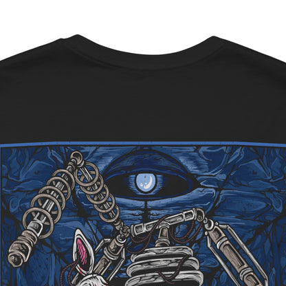 Image 7 of a T-Shirt artwork depicting Mangle crawling through a dimly lit pizzeria hallway, its torn pink-and-white animatronic shell exposing tangled endoskeleton parts and sparking wires. Flickering lights cast distorted shadows across the floor as the creature moves unnaturally through the darkness. This design reflects fear, decay, and the chaotic appearance that defines Mangle’s terrifying reputation.