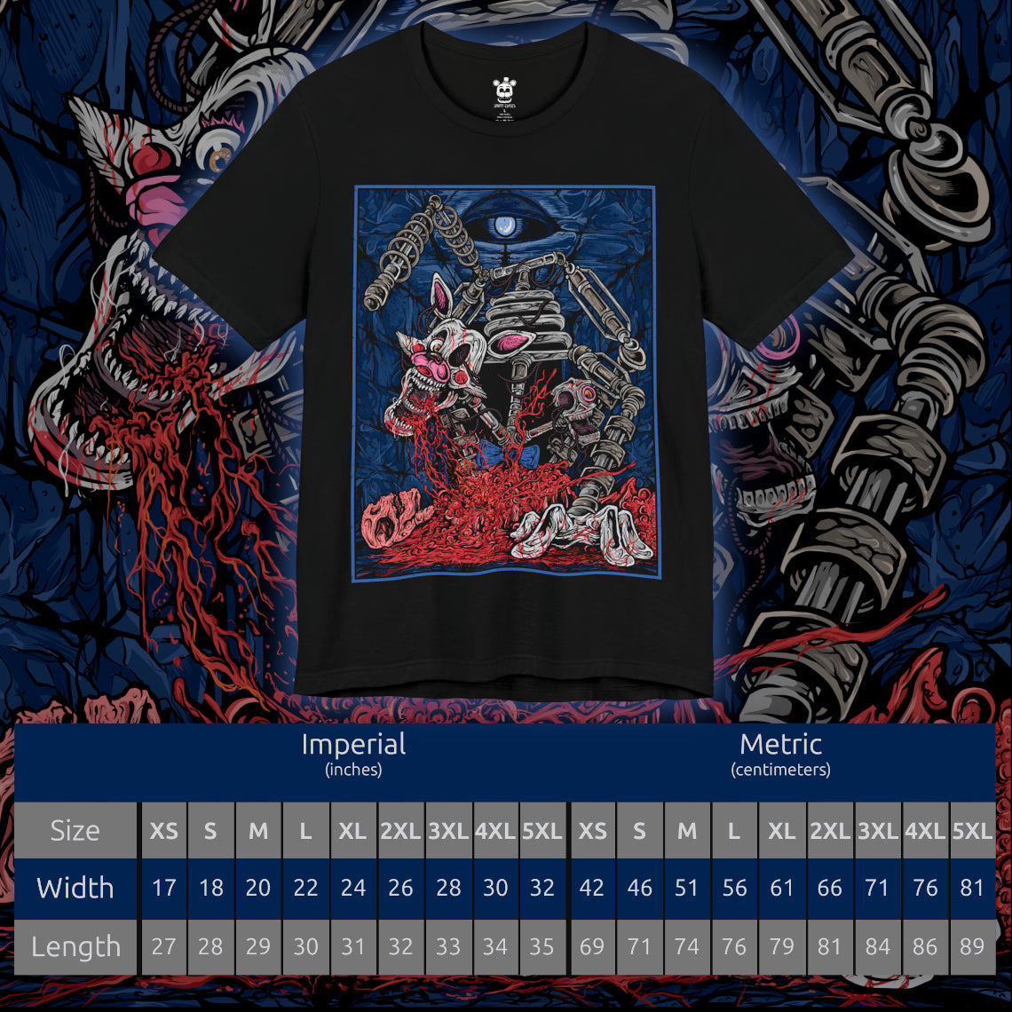 Size chart of a T-Shirt artwork depicting Mangle crawling through a dimly lit pizzeria hallway, its torn pink-and-white animatronic shell exposing tangled endoskeleton parts and sparking wires. Flickering lights cast distorted shadows across the floor as the creature moves unnaturally through the darkness. This design reflects fear, decay, and the chaotic appearance that defines Mangle’s terrifying reputation.