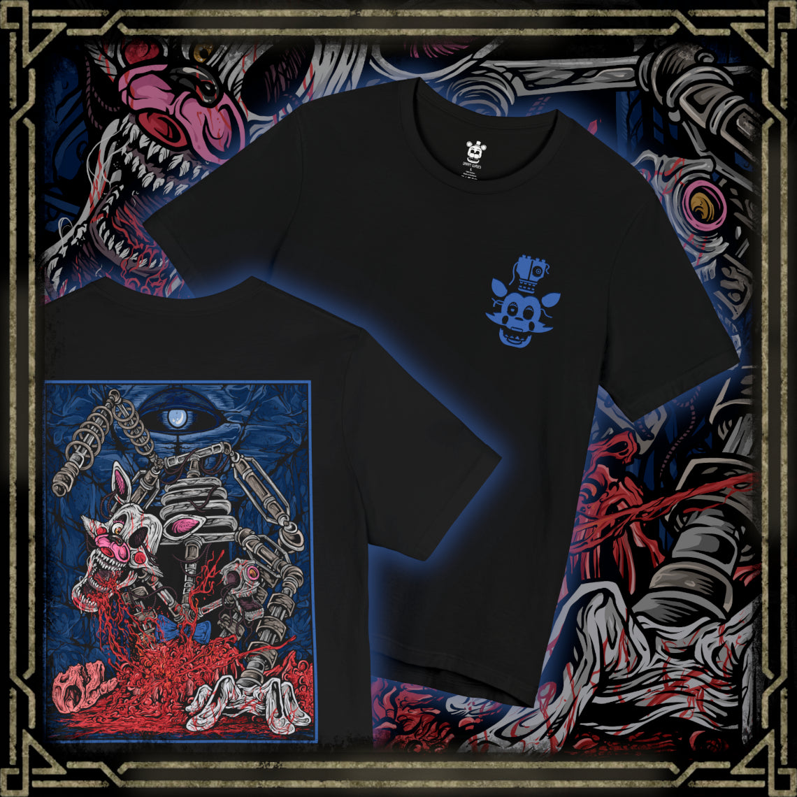 Thumbnail of a T-Shirt artwork depicting Mangle crawling through a dimly lit pizzeria hallway, its torn pink-and-white animatronic shell exposing tangled endoskeleton parts and sparking wires. Flickering lights cast distorted shadows across the floor as the creature moves unnaturally through the darkness. This design reflects fear, decay, and the chaotic appearance that defines Mangle’s terrifying reputation.