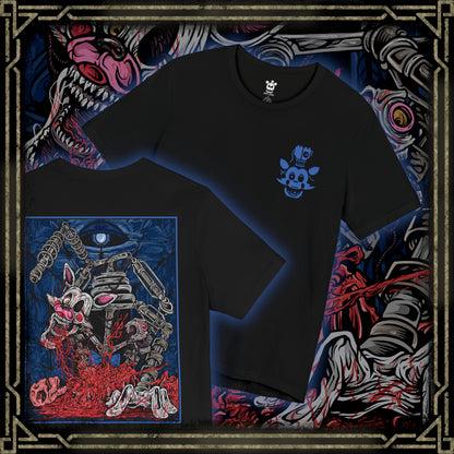 Thumbnail of a T-Shirt artwork depicting Mangle crawling through a dimly lit pizzeria hallway, its torn pink-and-white animatronic shell exposing tangled endoskeleton parts and sparking wires. Flickering lights cast distorted shadows across the floor as the creature moves unnaturally through the darkness. This design reflects fear, decay, and the chaotic appearance that defines Mangle’s terrifying reputation.