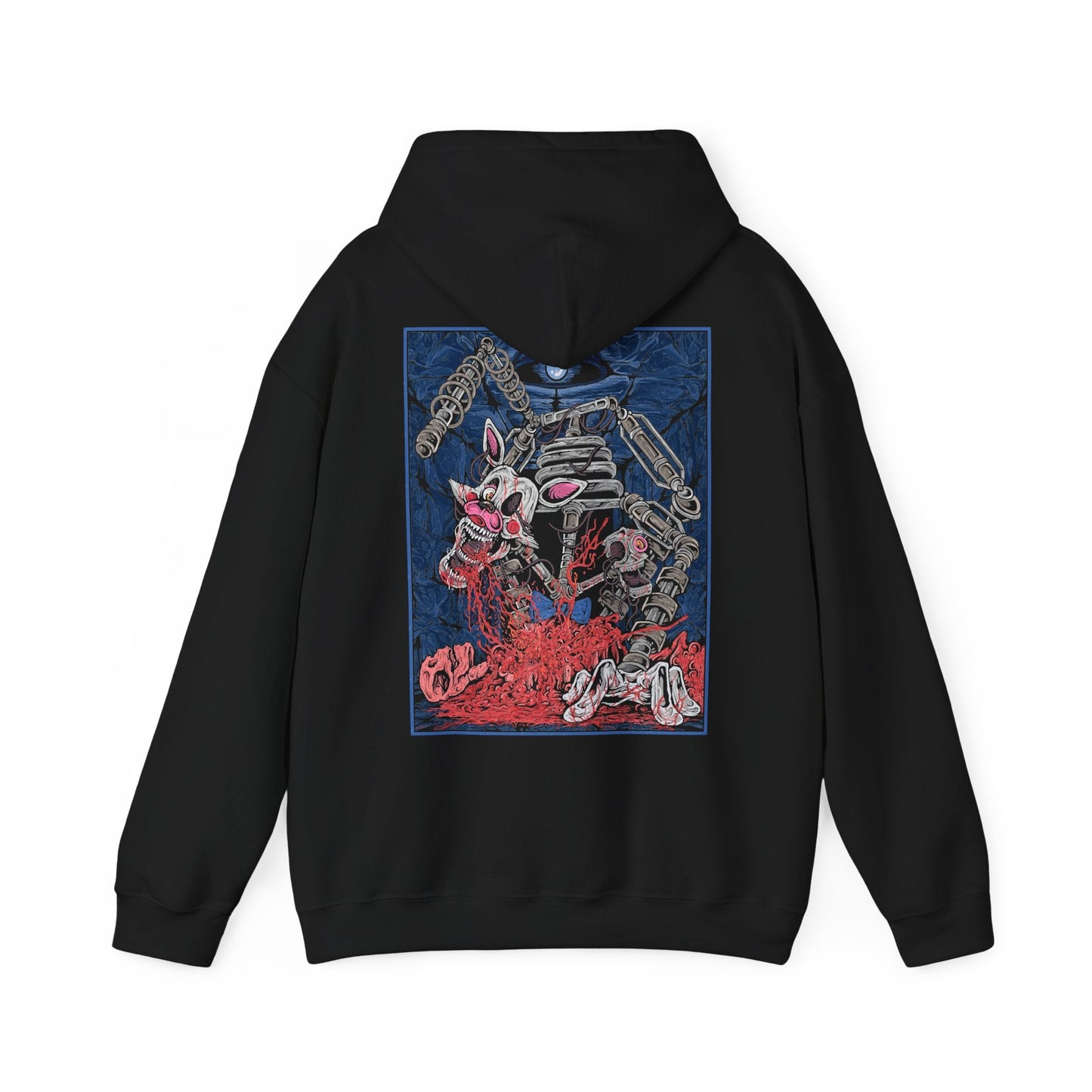 Image 5 of a Hooded Sweatshirt of Mangle suspended among hanging cables and broken machinery, multiple mechanical limbs stretching outward as static-filled screens glow in the background. Its shattered face and glowing eyes create an atmosphere of panic and unease. The composition emphasizes animatronic corruption, psychological tension, and the nightmare-like horror central to the Five Nights at Freddy’s series.