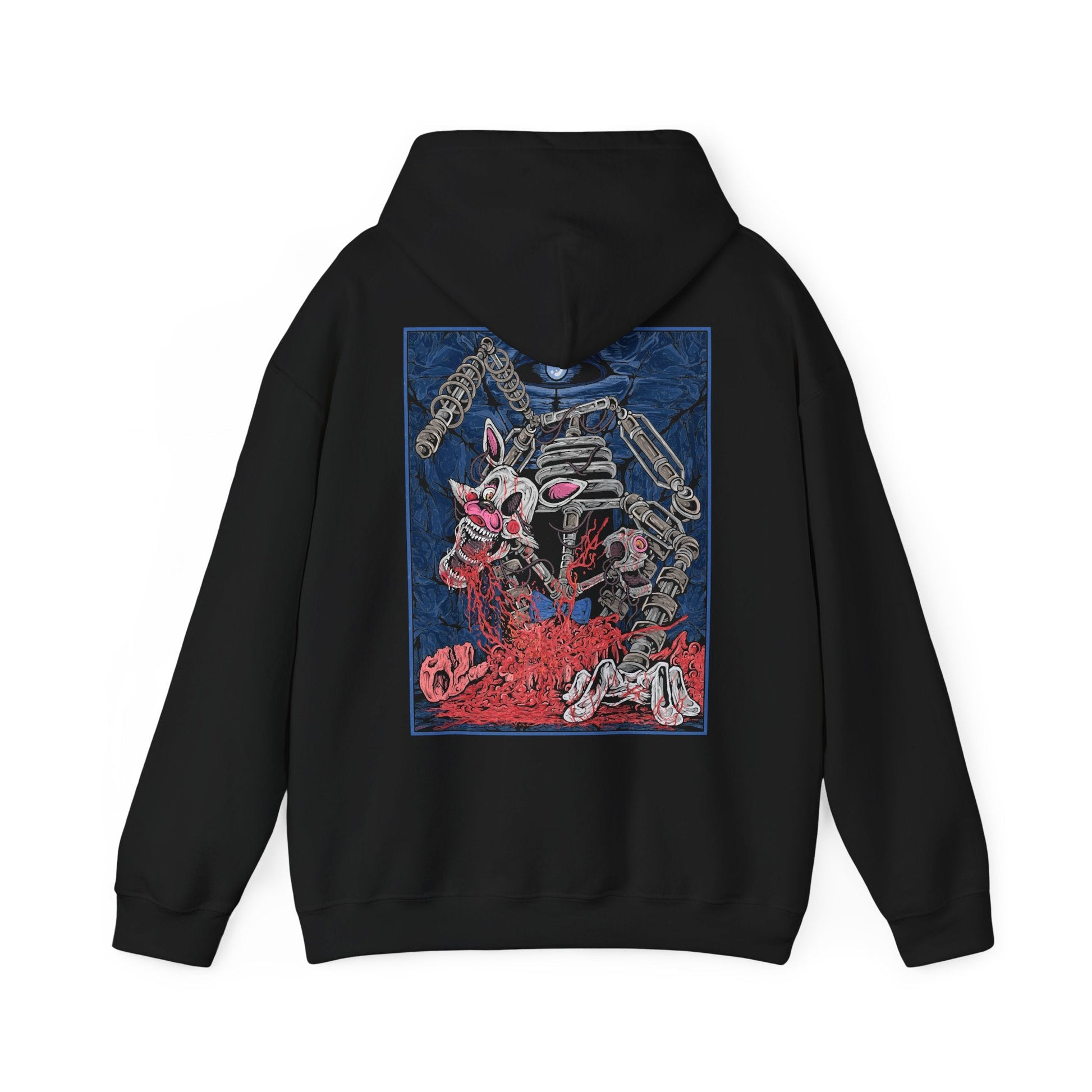 Image 5 of a Hooded Sweatshirt of Mangle suspended among hanging cables and broken machinery, multiple mechanical limbs stretching outward as static-filled screens glow in the background. Its shattered face and glowing eyes create an atmosphere of panic and unease. The composition emphasizes animatronic corruption, psychological tension, and the nightmare-like horror central to the Five Nights at Freddy’s series.